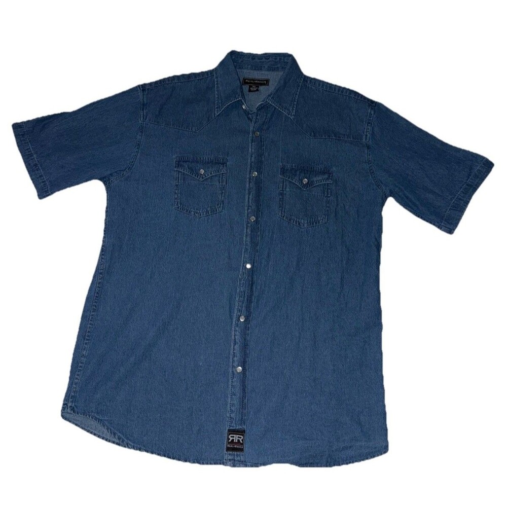 Real Ranch Mens Denim Short Sleeve Shirt Sz 2XL Tall Pearl Snaps Preowned
